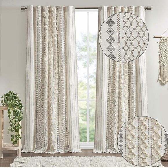 INK+IVY Imani 100% Cotton Boho  Chenille Stripe Geometric Print Curtains - Picture 3 of 10